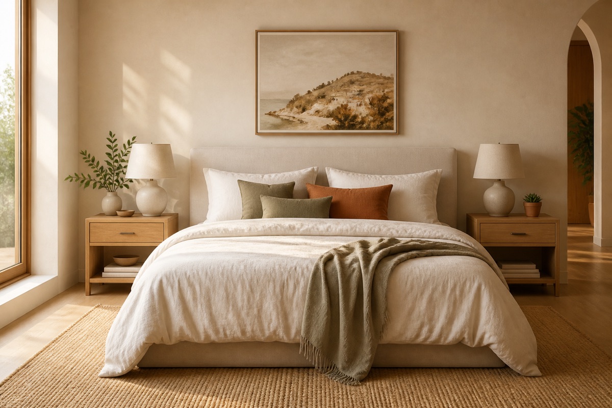Mesitas de noche de madera integradas en un dormitorio cálido